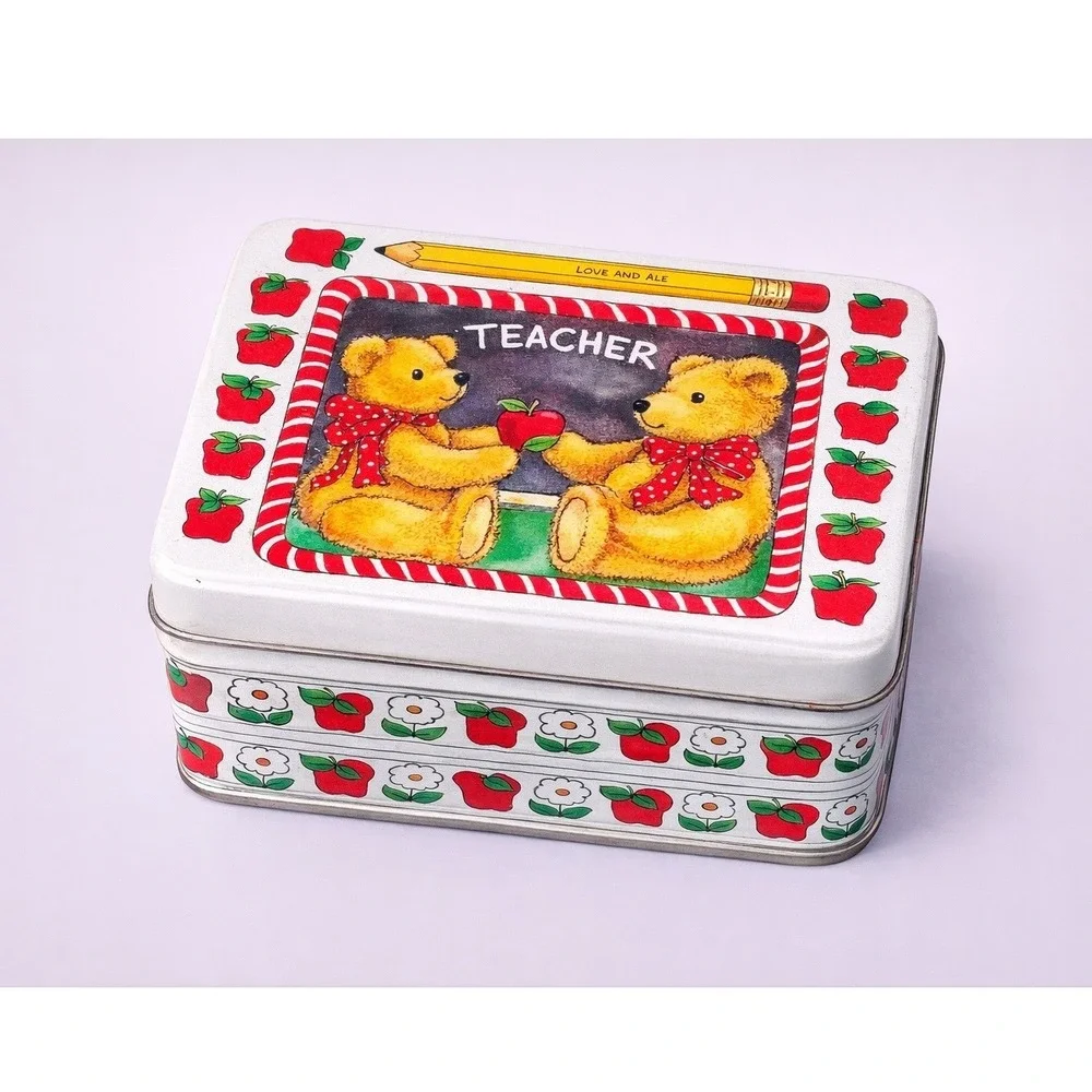 Vintage Enesco Teacher Teddy Bears Tin‎ Box Apple School Decor Storage Case